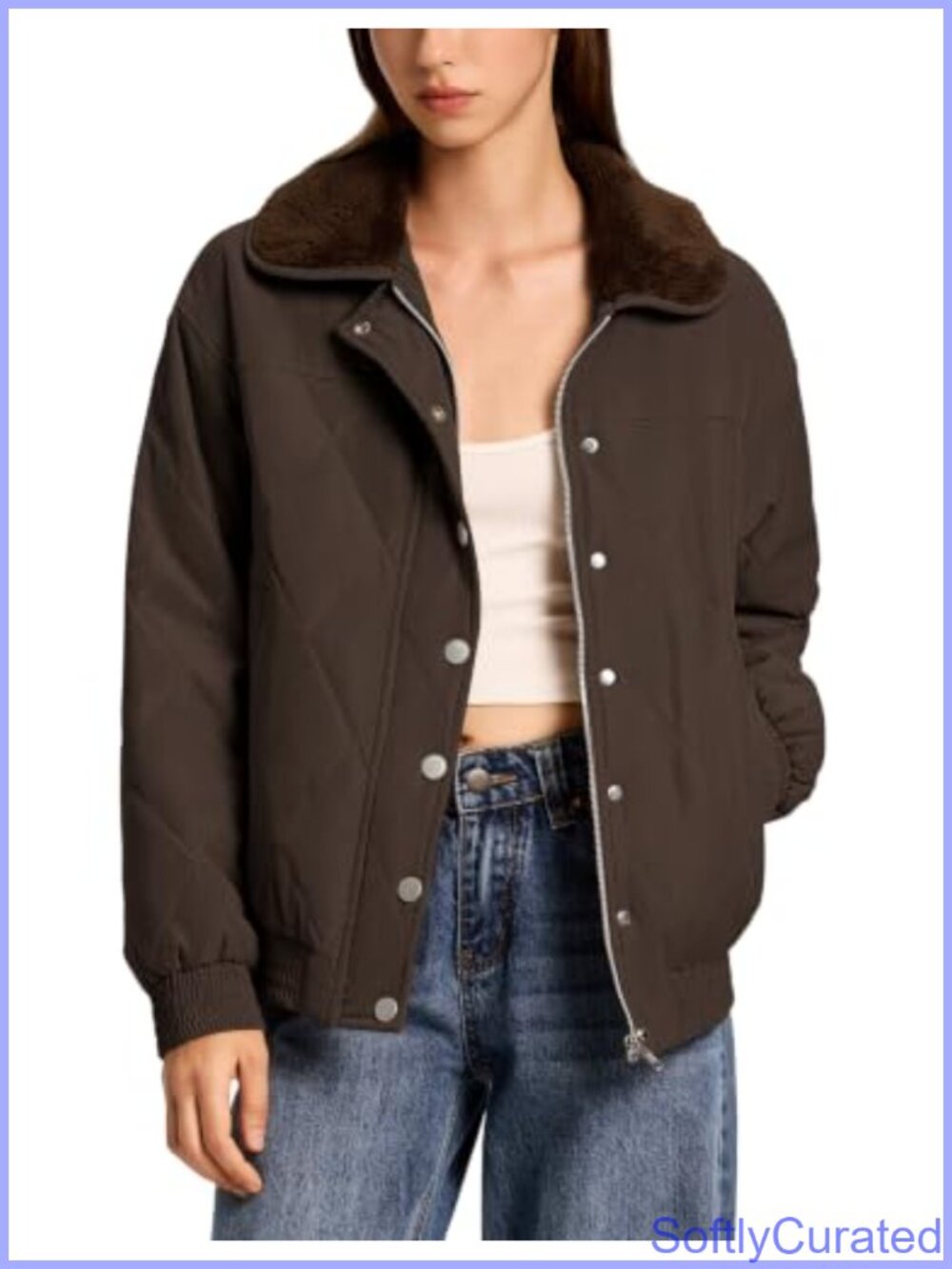 Women's Quilted Puffer Jacket Faux Fur Collar Snap Zip Long Sleeve Winter